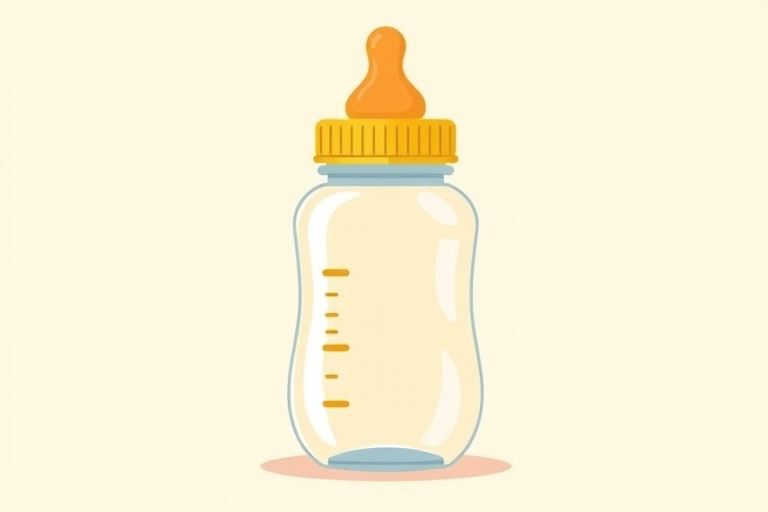 Generate a high-resolution illustration of a baby bottle with a yellow cap and an orange nipple, using a digital illustration style, with a focus on soft colors and smooth lines, captured from a front view at 300 DPI, with a clean background to enhance visibility.