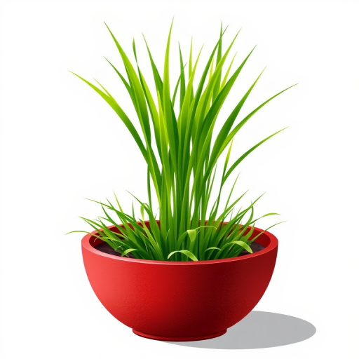Create a vibrant illustration of a lush green grass plant in a textured red pot, using a high-resolution digital canvas, 300 DPI, with a clean background, taken from a frontal view, in a 50mm lens style for depth enhancement.