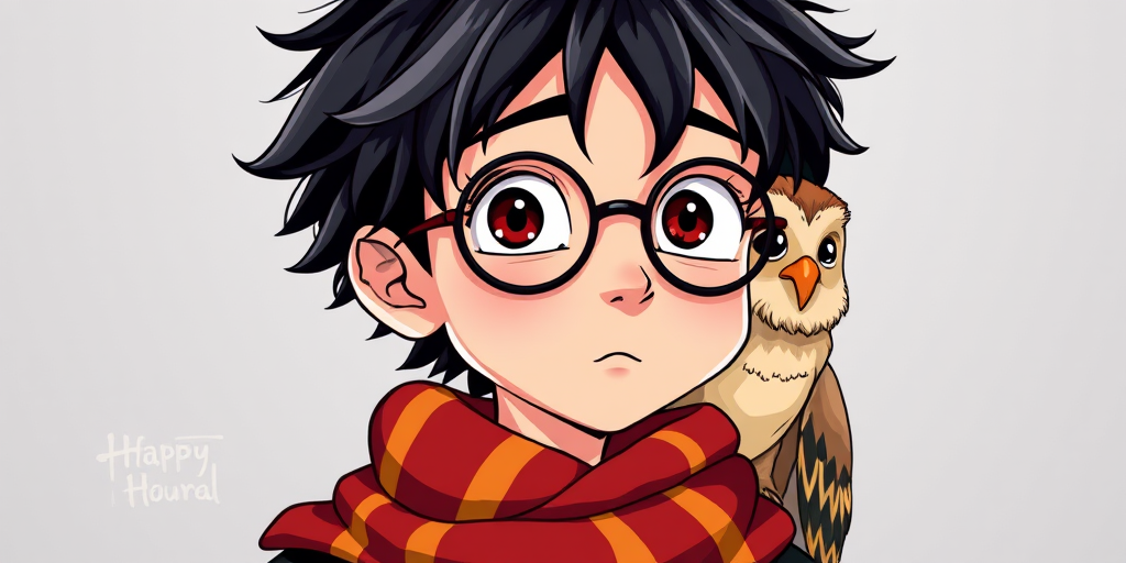 create a detailed illustration of a young wizard with glasses and messy black hair wearing a red and gold striped scarf, standing with a cartoonish owl perched on his shoulder, vibrant colors, high contrast, vector style, use a Canon EOS 5D Mark IV with a 50mm lens, aperture f/2.8, ISO 100, natural lighting, portrait orientation
