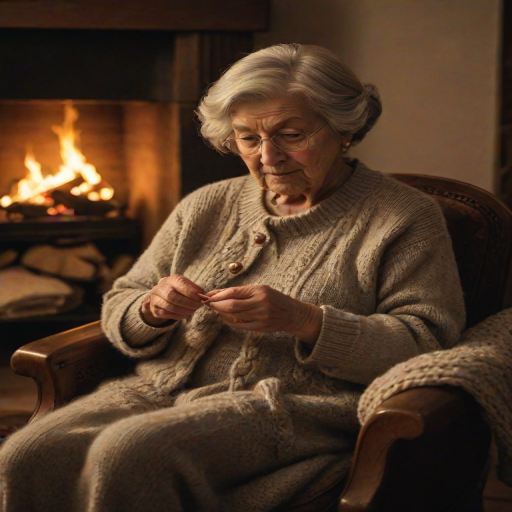 Warm, softly lit image of a grandmother knitting in an armchair by the fireplace, soft glow from the flames illuminating her hands, the smell of wool and woodsmoke filling the room, and the sense of quiet concentration and warmth.