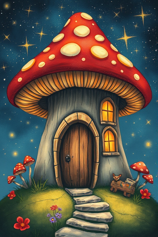 this picture is illustration of a mushroom house with a door and a window, a storybook , fantasy art, mushroom house, bg starry sky, sparkles