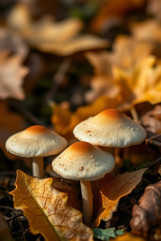 Close-up of mushrooms nestled among autumn leaves, natural lighting, shallow depth of field, captured with a DSLR camera, 50mm lens, f/2.8 aperture, ISO 100, 1/200 sec shutter speed.