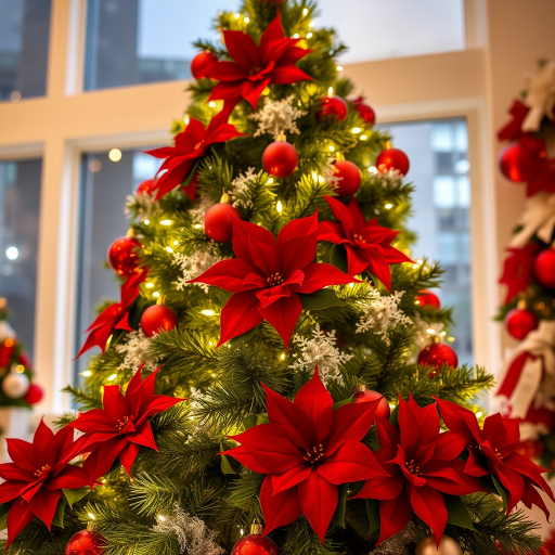 Generate an image of a beautifully decorated Christmas tree with bright lights, red poinsettias, and shiny red ornaments. The scene should evoke a warm and festive holiday atmosphere.