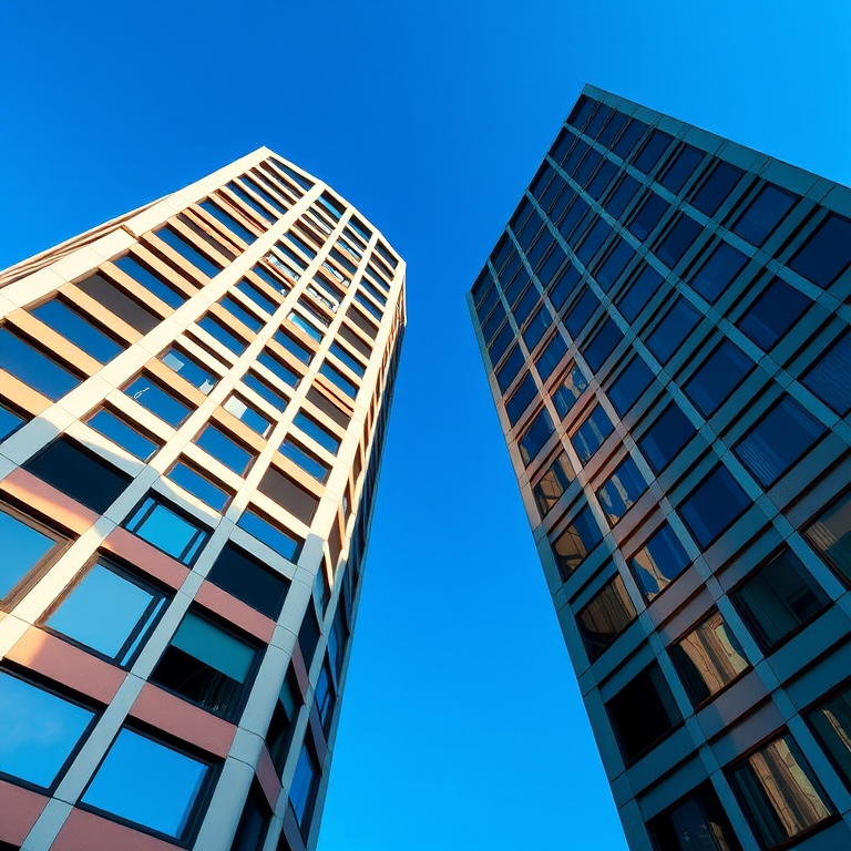 Generate a high-resolution image of two stylized office buildings, captured with a Canon EOS 5D Mark IV using a 24mm f/1.4 lens, aperture set to f/8, ISO 100, with a clear blue sky in the background, taken from a low angle for a dramatic perspective and vibrant colors.