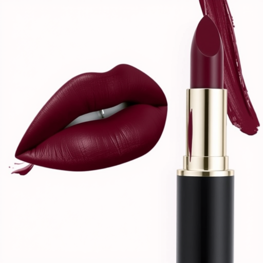 Matte deep burgundy lips with a velvet texture, called "Midnight Merlot," boasting long-lasting wear and a rich, wine-inspired hue for sophisticated elegance