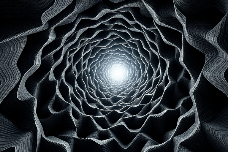 Generate a high-resolution fractal landscape showcasing a deep, intricate geometric cavern with sharp lines and rich textures, captured with a Canon EOS R5 camera, using a 24mm f/1.4 lens, at ISO 100, aperture f/8, shutter speed 1/125s, with a wide-angle view to enhance depth.