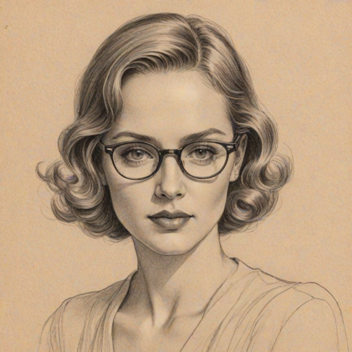 Bewitching Alicia Goranson, pencil sketch, portrait of Superb woman 1931s in glasses, hair style beatnik, outline, clear lines, fine lines, 8k