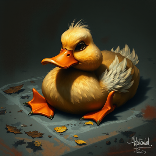 Stunning image of a cute adorable tired looking wacky duck laying flat on the ground, no emotions, moody, grainy, noisy, concept art, by Alberto Seveso, Cyril Rolando, Dan Mumford, Meaningful Visual Art, Detailed Painting, Digital Illustration,