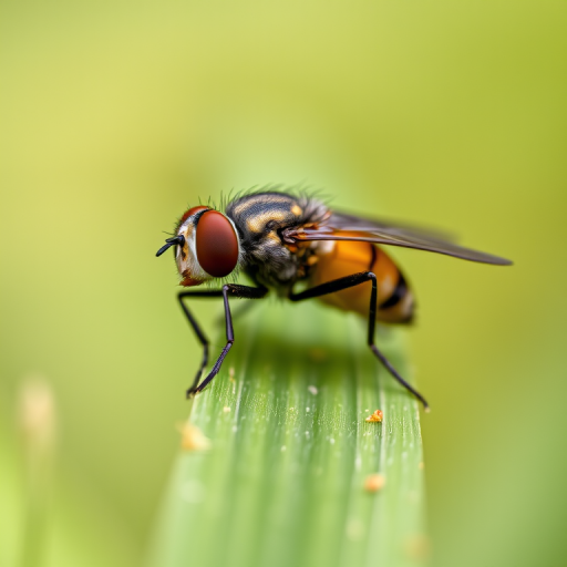 macro shot of a fly perched on a blade of grass with a shallow depth of field, ISO 100, f/2.8, shutter speed 1/200s, shot from a low angle with a DSLR camera using a 100mm macro lens, natural lighting to enhance details and texture