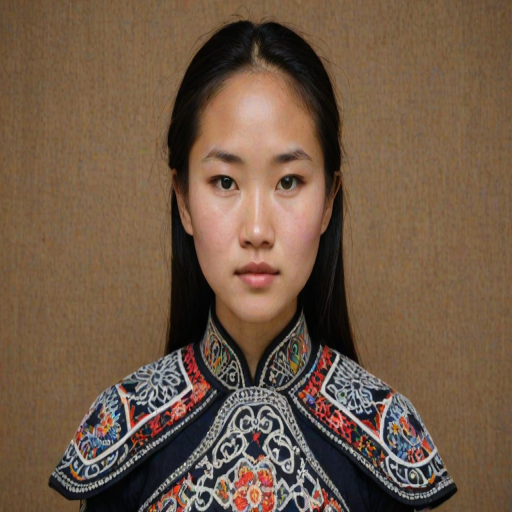 Face, shoulders, chest covered in openwork Hmong embroidery. Raw, unedited image.