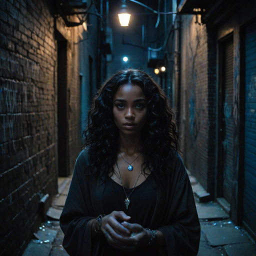 A young woman with deep brown skin and long, curly black hair stands in a dimly lit alley, her eyes wide with fear. She clutches a small, glowing amulet in her hand. A tall, pale man with sharp features and piercing blue eyes looms over her, his expression cold and calculating. The scene is bathed in a cold blue light from a nearby streetlamp, casting long, ominous shadows. The background is gritty and urban, with graffiti-covered walls and discarded trash. The style is reminiscent of Christopher Nolan's dark, moody cinematography, with high contrast and a blue tint. Film grain adds to the gritty, realistic texture.