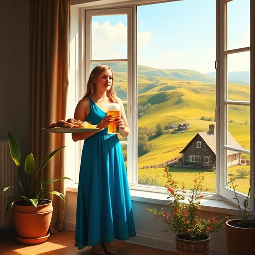 In "A Glass of Beer on the Highland," a serene scene is depicted in a sunlit room where a woman in a vibrant blue dress stands by a large window. She holds a tray with a hearty meal and a frothy glass of beer, embodying a moment of relaxation. Outside, the breathtaking highland landscape features rolling green hills and a charming traditional house, all bathed in warm afternoon light. The interior is adorned with potted plants, creating a harmonious blend of comfort and nature. The painting beautifully captures the tranquility and joy found in simple pleasures amidst stunning scenery