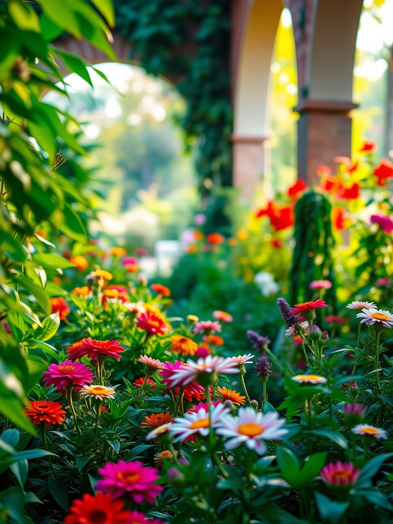 Create a vibrant garden scene with lush greenery and colorful flowers in a serene setting, capturing the soft morning light filtering through archways, using a DSLR camera with a 50mm lens, aperture f/1.8, ISO 100, and a shallow depth of field for enhanced detail and richness in colors, from a slightly elevated perspective for depth.