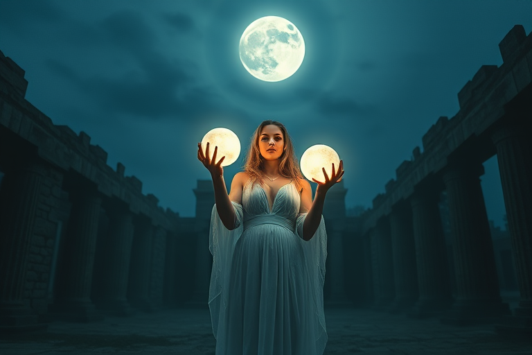 Regenerate an image of a mystical woman holding glowing orbs, standing in an ethereal environment with a full moon and ancient architecture, use a DSLR camera with a 50mm lens, f/1.8 aperture, ISO 100, and soft evening lighting to enhance image quality.