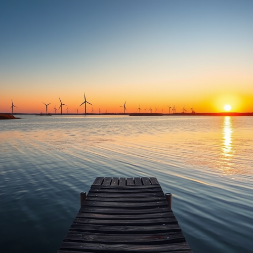 A sunset over a lake with a dilapidated wooden dock in the foreground and wind turbines in the distance, captured with a DSLR camera using a 24mm lens, aperture f/8, ISO 100, and a shutter speed of 1/125 sec in landscape orientation for enhanced clarity and detail.