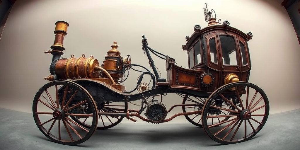 Create a highly detailed digital artwork of a steampunk-style steam-powered vehicle resembling a horse carriage, set against a neutral backdrop, captured with a DSLR camera at f/8 aperture, ISO 100, 35mm lens, in high dynamic range for vivid colors and depth, with a slight fisheye effect to enhance the uniqueness of the design.