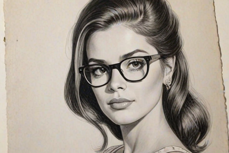 Wonderful Anabelle Acosta, pencil sketch, portrait of Superb woman 1960s in glasses, hair style beatnik, outline, clear lines, fine lines, 8k