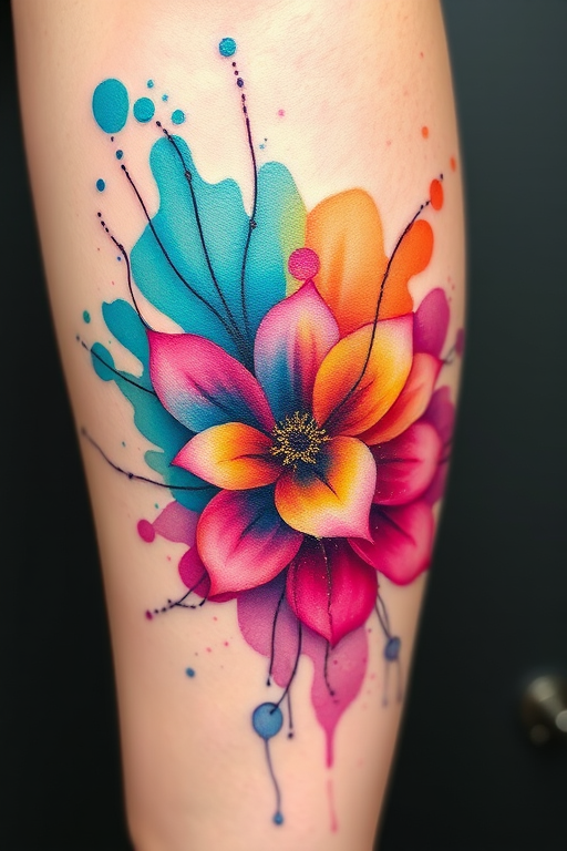 Vibrant watercolor splash tattoo called "Chromatic Cascade" featuring swirling hues of teal, magenta, and gold intertwining to form an abstract floral design with delicate linework accents and subtle white highlights
