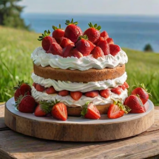 Create a three-layer cake with light sponge layers. Each layer is filled with fresh strawberries and whipped cream. The top is decorated with whole strawberries and a dollop of whipped cream. The cake is presented on a white plate with a green grass background and a rustic wooden box in the background.