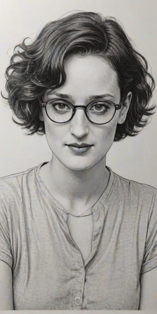 Superb Phoebe Waller-Bridge, pencil sketch, portrait of Graceful woman 1979s in glasses, hair style beatnik, outline, clear lines, fine lines, 8k