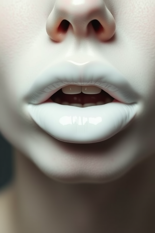 Opaque white lips with a ceramic-like finish, avant-garde and artistic, pushing the boundaries of conventional beauty