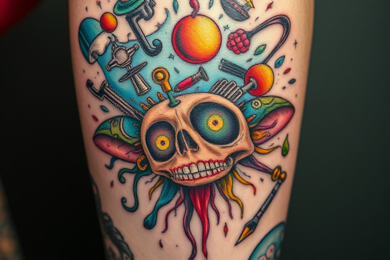 Surrealist tattoo called "Melting Realities" combining elements from different objects and scenes in unexpected ways with vivid colors and dreamlike distortions for a mind-bending effect