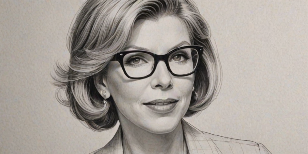Radiant Christine Baranski, pencil sketch, portrait of Lovely woman 1956s in glasses, hair style beatnik, outline, clear lines, fine lines, 8k