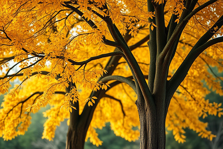 Generate a realistic image of a pair of intertwined trees with lush golden leaves, using a DSLR camera with a 50mm lens, aperture set at f/2.8, ISO 100, captured from a low angle with a soft focus background to enhance detail and texture.