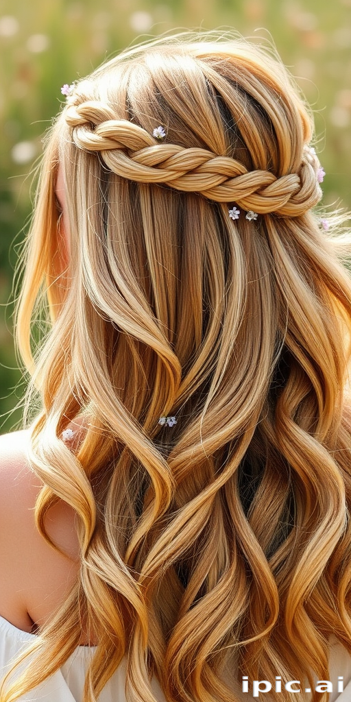 Sun-kissed honey blonde braided crown transitioning into loose bohemian waves adorned with tiny wildflowers, capturing free-spirited charm named Meadow Whisper