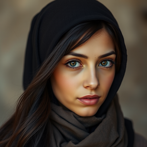 Create a portrait of a young Mizrahi woman with long, dark hair and captivating hazel eyes. She is wearing a black headscarf and a matching scarf draped gracefully around her neck. The background is softly blurred, focusing attention on her serene and natural expression. The overall color palette is muted and warm, enhancing the intimate and authentic feel of the portrait.