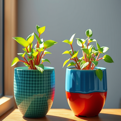 Create a vibrant, high-resolution illustration of two potted plants in a modern style, using bright green colors for the foliage, textured ceramic pots in red and blue, with soft natural lighting, a shallow depth of field, and a DSLR camera type set to f/2.8, ISO 100, and 50mm lens for enhanced clarity and detail.
