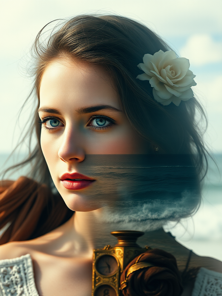 create Book cover, A surreal double exposure portrait that blends a woman's face with a beautiful seascape. The overall mood is dreamy and mystical, with rich colors and intricate details