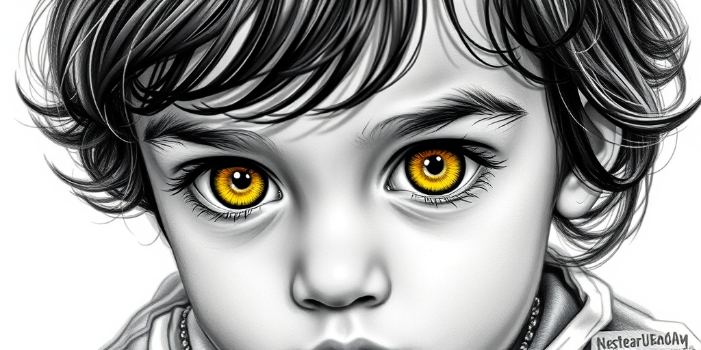 A hyperdetailed photorealistic black and white sketch of a beautiful toddler with deep Yellow eyes, with a macro focus
