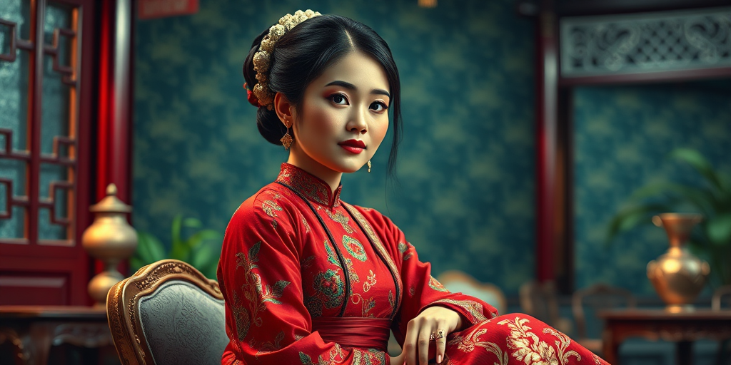 A beautiful Indonesian woman in traditional East Asian attire, intricately detailed with embroidered patterns, sitting gracefully in a richly decorated room, soft ambient lighting, serene and elegant, ultra-realistic, 8K resolution