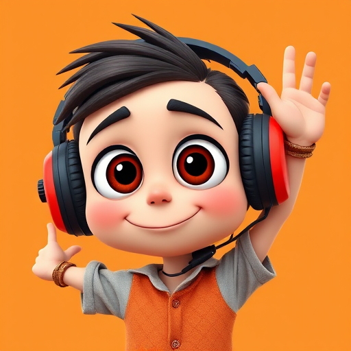 Create a cartoon character with oversized eyes and a quirky expression wearing headphones, shown in a playful pose with one arm raised, vibrant colors, high resolution, shot with a DSLR camera at f/2.8 aperture, 50mm lens, natural lighting.