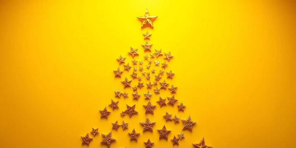 Create a Christmas tree design with a spiral of golden stars on a bright yellow background, captured with a DSLR camera, f/2.8 aperture, ISO 100, 50mm lens, shot from a top-down view in high dynamic range style.