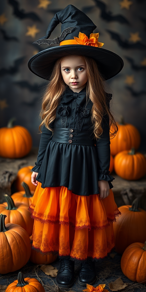 full body portrait of a gothic girl in a black and orange dress with a witch hat, surrounded by Halloween pumpkins and bats, DSLR camera, f/2.8 aperture, ISO 100, 50mm lens, portrait mode, soft lighting, vibrant colors, high resolution