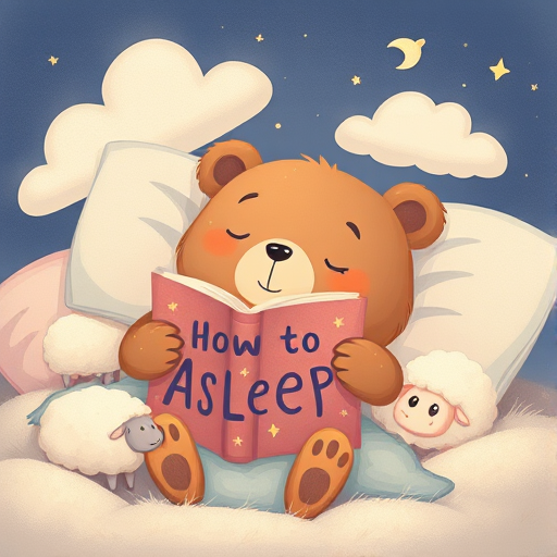 A cozy illustrated scene of a sleeping bear holding a book titled "How to Fall Asleep," surrounded by dream clouds and cartoonish sheep, soft pastel colors, warm lighting, depth of field, shot with a DSLR camera at f/4.0 aperture, ISO 200, 50mm lens with a slight vignette effect.