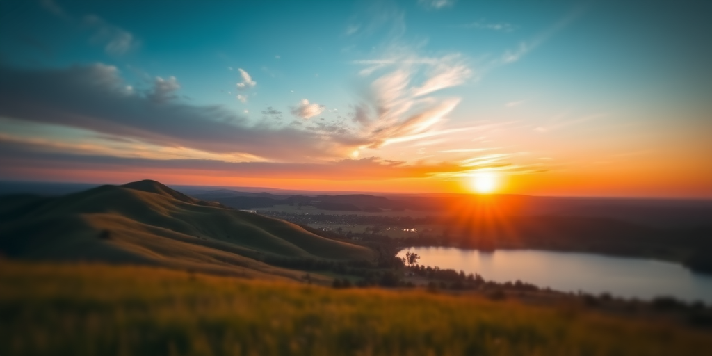 Create a high-resolution image of a serene landscape with rolling hills, a vibrant sunset, and a calm lake reflecting the sky, using a DSLR camera with a 50mm lens, f/1.8 aperture, ISO 100, and a shallow depth of field from a slightly elevated view to enhance the foreground and background details.