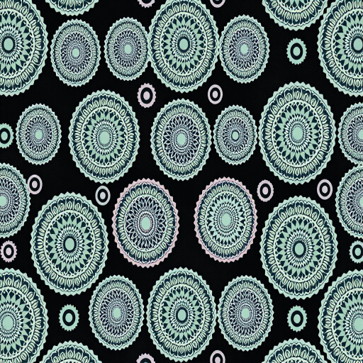 create a seamless pattern of intricate circular designs in soft pastel colors against a dark background, shot with a Canon EOS R5 at f/8, ISO 100, 24mm lens, top-down view, soft lighting to enhance the details and textures