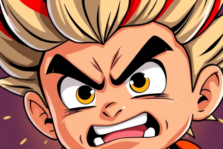 Create a high-resolution vector image of a cartoon character with spiky hair and an angry expression, using a close-up view, in a digital art style with sharp lines and vibrant colors, simulated with a DSLR camera set to a 50mm lens at f/2.8, ISO 100, and focus mode set to single shot.