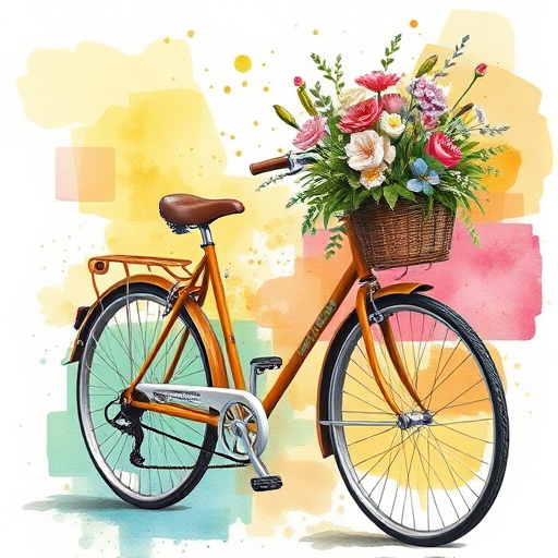 Create a vibrant watercolor style illustration of a vintage bicycle adorned with blooming flowers and greenery against a bright, splattered background, captured with a DSLR camera using a 50mm lens, aperture f/2.8, shutter speed 1/200s, ISO 100, focusing on the bicycle with a shallow depth of field to emphasize the details of the flowers.
