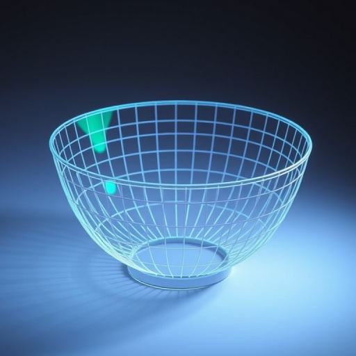 Create a three-dimensional wireframe of a parabolic bowl with a smooth gradient from green to blue, captured using a DSLR camera at f/8 aperture, 1/200 sec shutter speed, and ISO 100, from a slightly elevated angle to provide depth and curvature, using a macro lens for detail enhancement.