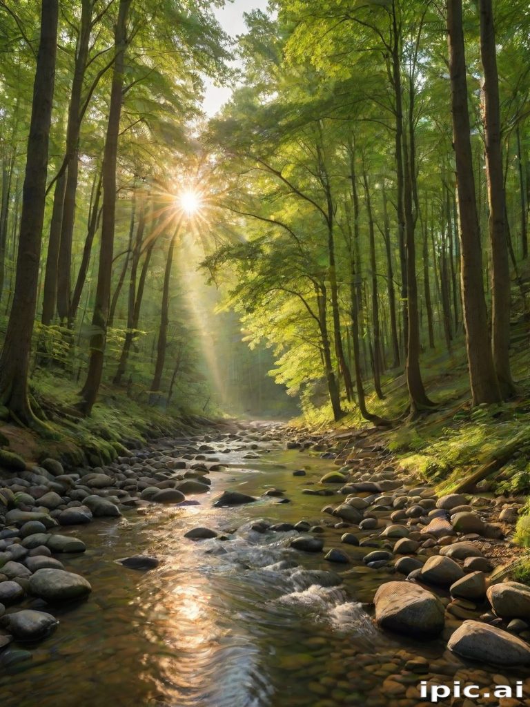 Create an image of a serene, sunlit forest scene with a clear, gently flowing river. Tall trees with lush green foliage line both sides of the river, their leaves bathed in the warm golden light of the setting or rising sun. The sunlight filters through the trees, casting soft, dappled light on the river, which flows over smooth rocks and pebbles, creating a peaceful, natural atmosphere. The sky is bright with a few scattered clouds, and the overall mood is tranquil, evoking a deep sense of connection with nature. The image captures the beauty of a calm, pristine forest landscape at either dawn or dusk.