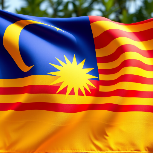 Create a high-resolution image of the Malaysian flag with vibrant colors, using a DSLR camera, 50mm lens, f/8 aperture, ISO 100, natural lighting, taken from a frontal view at eye level.