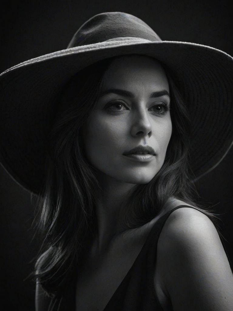 Create a black and white portrait of a woman wearing a large hat with a wide brim, set against a dark background, capturing a thoughtful expression and elegant features.