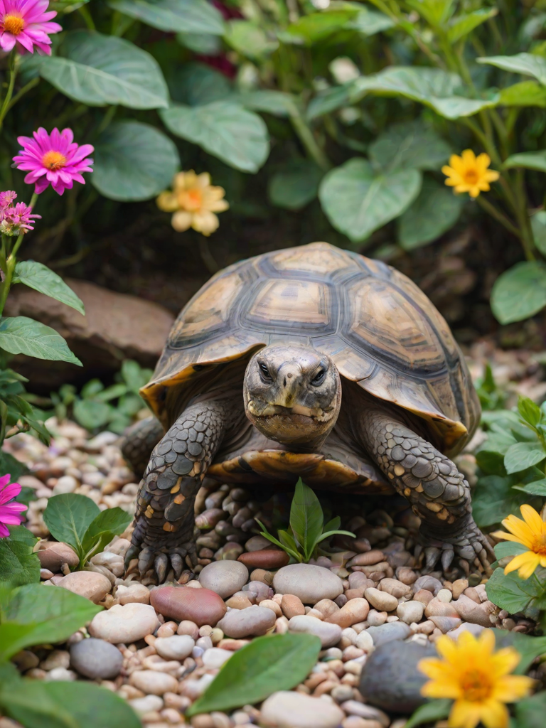 a close-up of a tortoise exploring a garden with lush green leaves and colorful flowers, surrounded by small pebbles and a soft focus background
