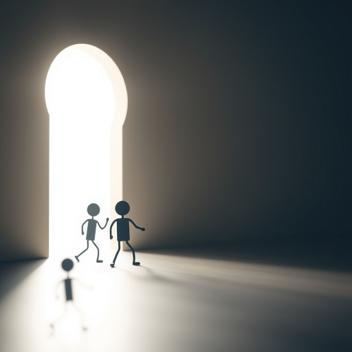 Create an image of a minimalistic scene depicting small stick figure characters emerging through a large keyhole casting light, with a soft focus background, using a DSLR camera with a 50mm lens, aperture f/2.8, ISO 200, and a wide-angle view for depth.