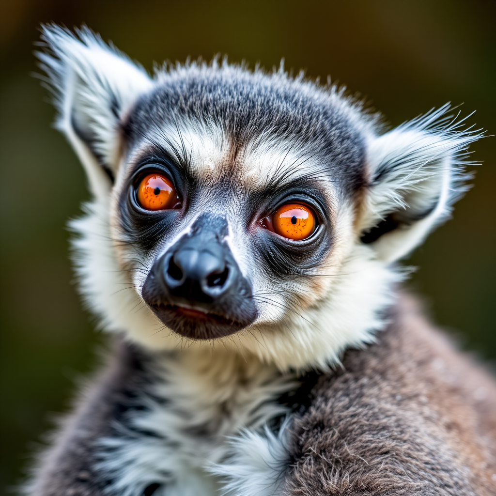 high-resolution close-up of a lemur with orange eyes and soft gray fur, natural lighting, shallow depth of field, 85mm lens, f/1.8 aperture, ISO 200, 1/250 sec shutter speed, captured with a DSLR camera