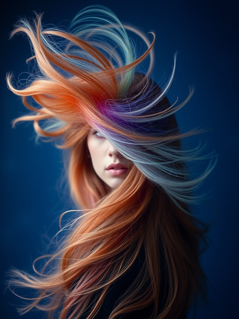 Create a surreal portrait of a person with flowing hair resembling colorful waves against a deep blue background, captured with a DSLR camera at f/1.8 aperture, 50mm lens, ISO 200, and a soft focus effect to enhance the ethereal quality.